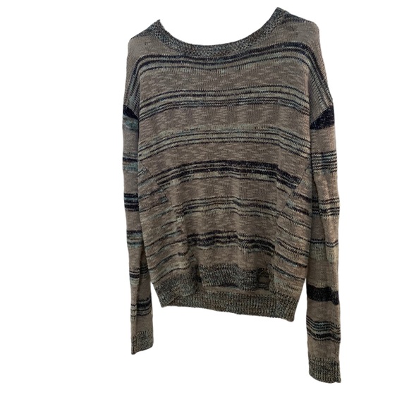 Gray And Blue Striped Sparkly Long Sleeve Sweater/Blouse With Slits On The Front - Picture 4 of 9